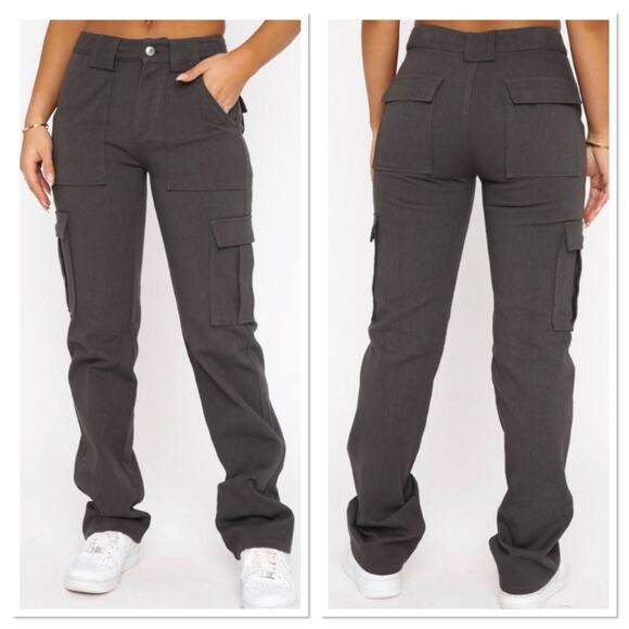 White Fox Someone To You Cargo Pants Charcoal Cotton Twill Flap Pockets Size M - Picture 2 of 10